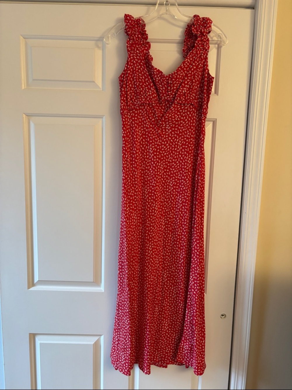 GAP Red Midi  Dress with White Floral Print and Ruffle Straps